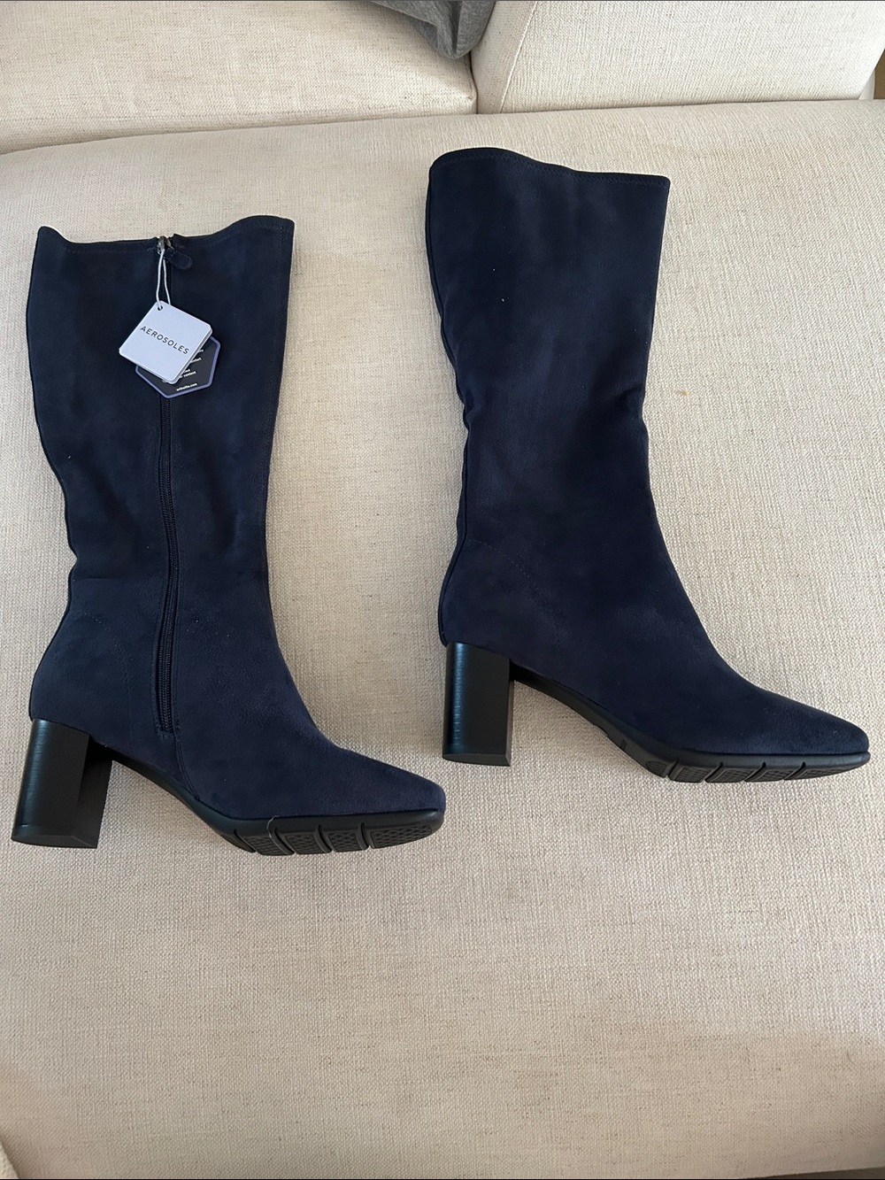 Aerosoles Tall-Shaft Heeled Boots -Micah, Navy Faux Suede, Size 8 Wide, NWT - Picture 3 of 10